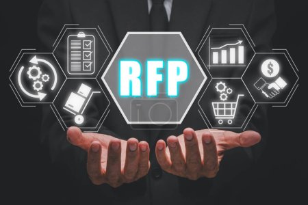 RFP, Request for proposal concept, Businessman hand holding request for proposal icon on virtual screen.