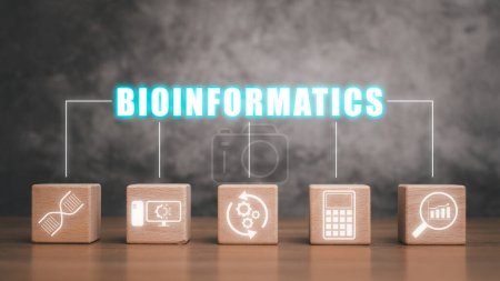 Téléchargez les photos : Concept de bioinformatique, Bloc en bois sur bureau avec icône de bioinformatique sur écran virtuel, ADN, Recherche, Science, laboratoire. - en image libre de droit