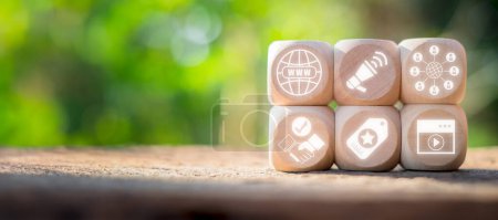 Photo for Influencer marketing concept, Wooden block on desk with influencer marketing icon on virtual screen. - Royalty Free Image
