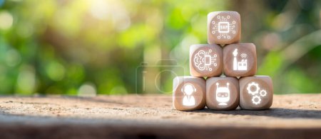 Wooden blocks with SAP and digital transformation icons, symbolizing modern business solutions in a natural outdoor setting.