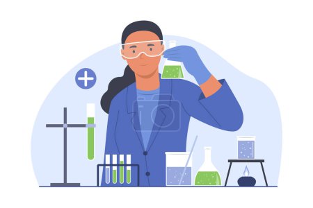 Téléchargez les illustrations : Scientifique femelle testant un produit chimique avec des tubes à fiole - en licence libre de droit