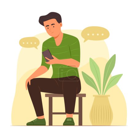 Ilustración de Hombre sentado en el taburete y charlando en la ilustración del concepto de teléfono móvil - Imagen libre de derechos