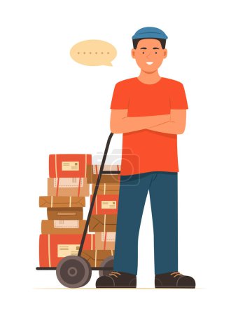 Entrega Hombre y carro con cajas de paquete para el concepto de envío Ilustración