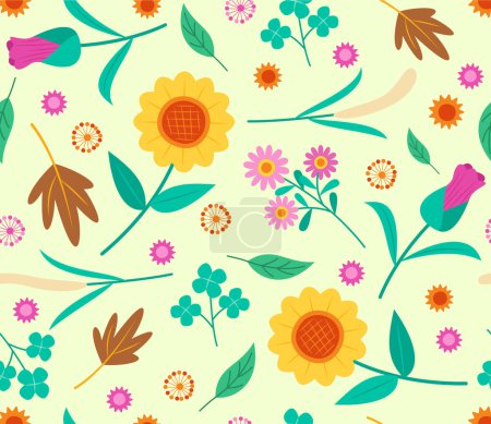 Téléchargez les illustrations : Modèle sans couture avec fleurs colorées floraison pour l'illustration de concept de fond floral - en licence libre de droit