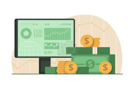 Illustration for Pile of Cash Money and Computer Screen Monitor with Trading Graph for Online Investment Concept Illustration - Royalty Free Image
