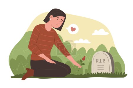 Illustration for Mourning Woman Sitting in Front of a Grave in a Cemetery - Royalty Free Image