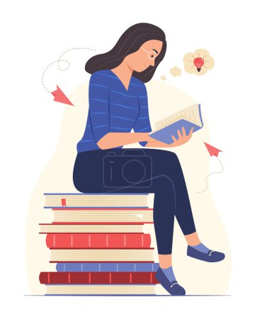 Ilustración de Mujer sentada en un montón de libros e ideas creativas mientras lee un libro Concepto Ilustración - Imagen libre de derechos