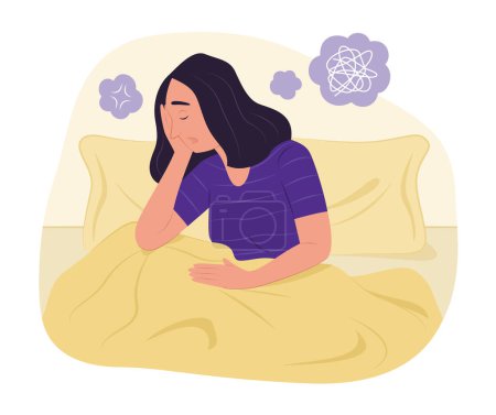 Depressed Woman Sitting in Bed with Feeling of Stress for Mental Health Concept Illustration