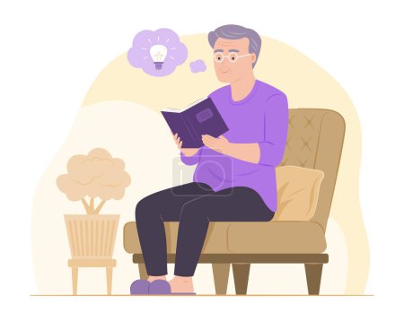 Ilustración de Anciano sentado en un sofá y leyendo un libro en la sala de estar - Imagen libre de derechos