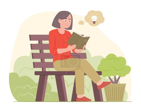 Ilustración de Mujer mayor sentada en el banco en el jardín y leyendo un libro - Imagen libre de derechos