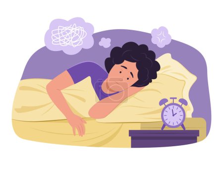 Insomnia Woman Lying in Bed with Stress Feeling for Sleepless Concept Illustration
