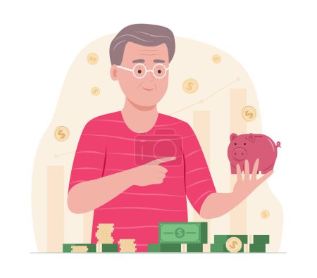 Hombre mayor ahorrando dinero con Piggy Bank para la ilustración del concepto financiero