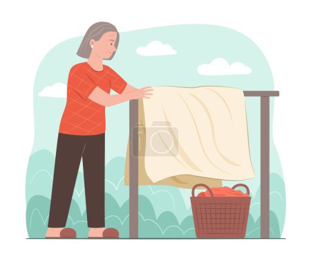 Senior Woman Drying Clothes on Clothesline in Garden