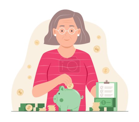Mujer mayor ahorrando dinero con Piggy Bank para la ilustración del concepto financiero