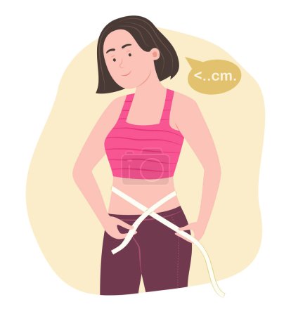 Femme en santé Mesurer sa taille avec un ruban à mesurer pour les soins de santé Illustration de concept
