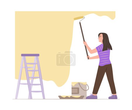 Handy Woman Use a Roller to Paint the Wall for Renovation Concept Illustration
