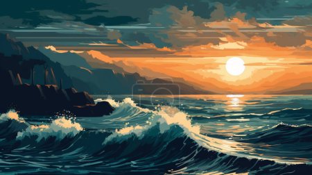 Téléchargez les illustrations : Beau paysage avec mer et montagnes - en licence libre de droit