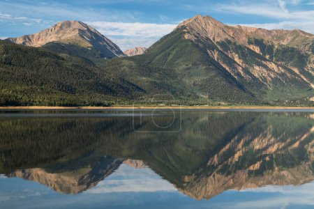 Reflections of 13,939 Foot Mount Hope, 13,290 & 13,333 Foot Twin Peaks, with 13,783 Foot Rinker Peak rise above the Twin Lakes.