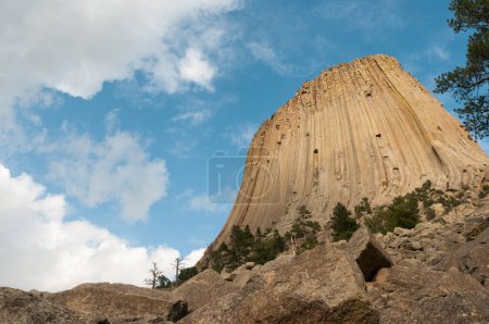 Photo for Devils Tower which is also called Bear Lodge rises 1,267 feet (386 m) above the surrounding terrain and the summit is 5,114 feet (1,559 m) above sea level. Devils tower is near the Black Hills, in North Eastern Wyoming. - Royalty Free Image
