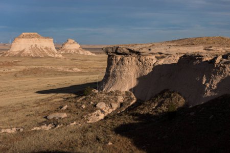 Photo for Late Afternoon View of the Pawnee Buttes from Escarpment. The Escarpment or Overlook named Lips Bluff is the view point for the Pawnee Buttes, which are located in Northeastern Colorado. - Royalty Free Image