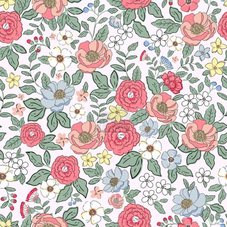 Illustration for Elegant liberty style hand drawn small flower seamless pattern - Royalty Free Image