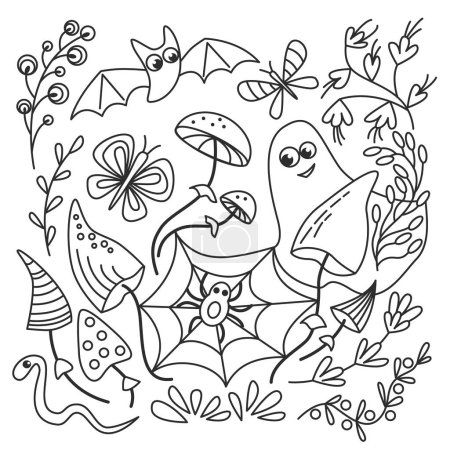 Téléchargez les photos : Carte à colorier pour Halloween avec fantôme et chauve-souris. Illustration vectorielle en noir et blanc dans le style doodle. - en image libre de droit