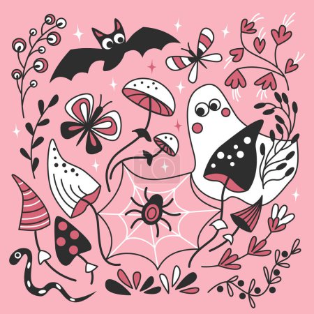 Téléchargez les illustrations : Carte de voeux pour Halloween avec fantôme et chauve-souris de couleur rose. Illustration vectorielle dans le style doodle. - en licence libre de droit