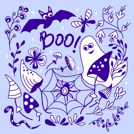 Téléchargez les illustrations : Carte de voeux pour Halloween avec fantôme et chauve-souris. Illustration vectorielle dans le style doodle en couleur bleue. - en licence libre de droit