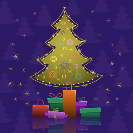 Téléchargez les photos : Carte de voeux avec sapin de Noël et cadeaux. Illustration vectorielle des couleurs pour les vacances d'hiver. - en image libre de droit
