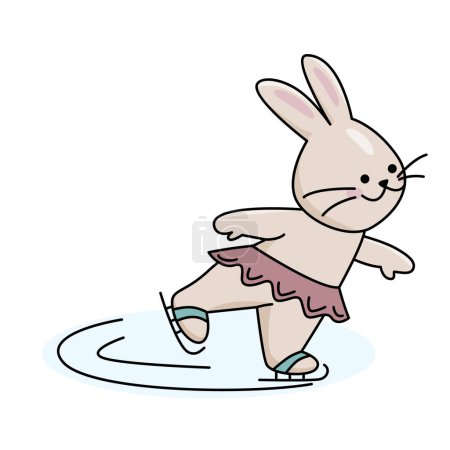 Téléchargez les photos : Mignon lapin fille sur les patins. Illustration de couleur vectorielle isolée en style contour avec activité extérieure hivernale. - en image libre de droit