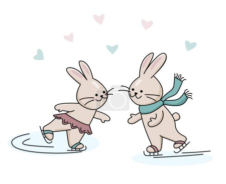 Téléchargez les photos : Bunny boy et Bunny girl patinent sur glace. Illustration vectorielle de couleur isolée dans le style contour. - en image libre de droit