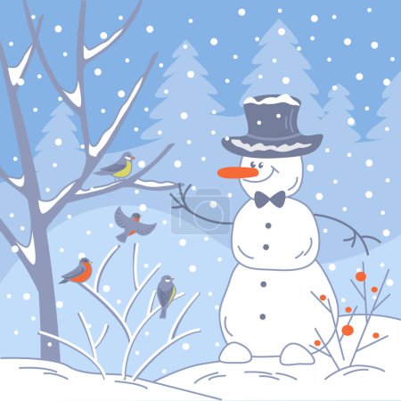 Téléchargez les photos : Le bonhomme de neige salue les oiseaux à la forêt de neige. Illustration vectorielle couleur. - en image libre de droit