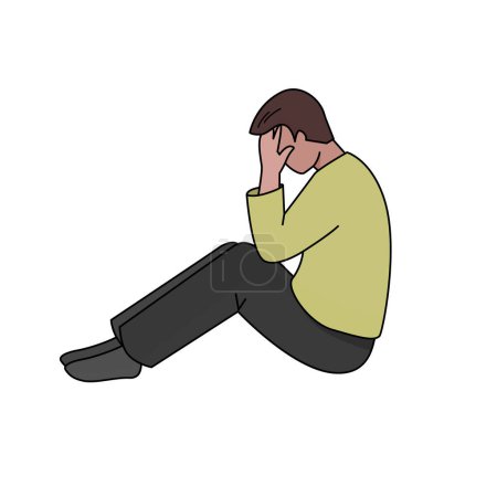 Illustration for Sad man is sitting on the floor. Side view vector color isolated illustration in filled outline style. - Royalty Free Image