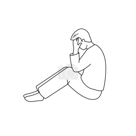 Illustration for Sad man is sitting on the floor. Side view vector isolated illustration in outline style. - Royalty Free Image