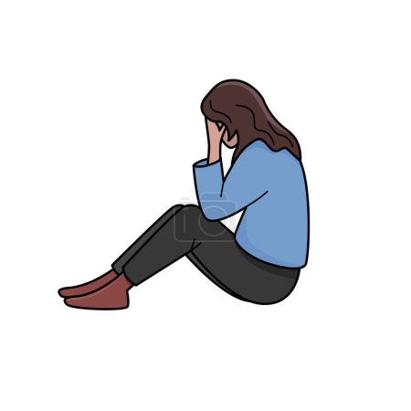 Illustration for Sad woman is sitting on the floor. Side view vector isolated color illustration in filled outline style. - Royalty Free Image