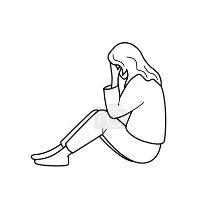 Illustration for Sad woman is sitting on the floor. Side view vector isolated illustration in outline style. - Royalty Free Image