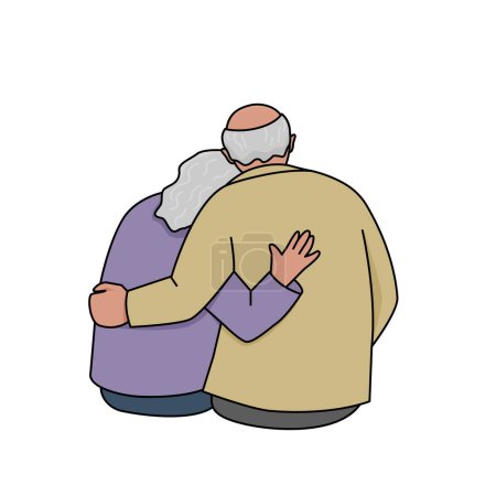 Elderly man and woman sitting embracing. Vector isolated color illustration in filled outline style