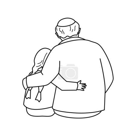 Téléchargez les photos : Grandfather is hugging a granddaughter. Back view. Vector isolated illustration in outline style. - en image libre de droit