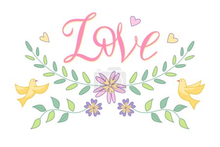 Téléchargez les photos : Love lettering with floral elements and birds.Vector isolated color illustration in outline style. - en image libre de droit