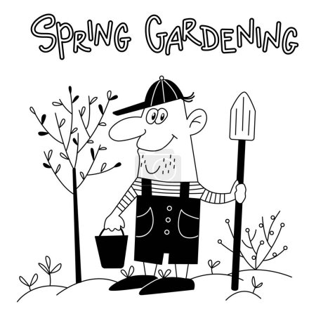 Téléchargez les photos : Funny gardener with shovel and bucket planted a tree. Vector isolated black and white illustration in outline style. - en image libre de droit