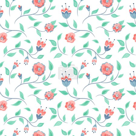 Téléchargez les photos : Seamless pattern with pink flowers and green leaves.  Vector color illustration on the  white background. - en image libre de droit