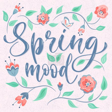 Ilustración de Spring Mood lettering composition with flowers. Vector color isolated illustration in the textured background. - Imagen libre de derechos
