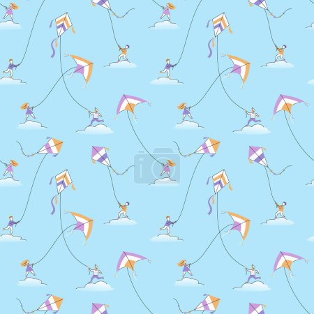 Téléchargez les photos : Seamless pattern with children flying kites on the clouds. Vector color illustration in flat line art style on the blue background. - en image libre de droit