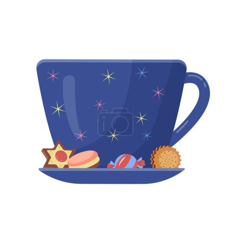 Téléchargez les photos : A blue cup with cookies. Vector isolated color illustration for winter holidays greetings. - en image libre de droit