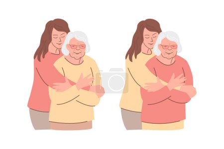 Téléchargez les photos : A young woman hugs an elderly woman. Vector color isolated illustration. - en image libre de droit