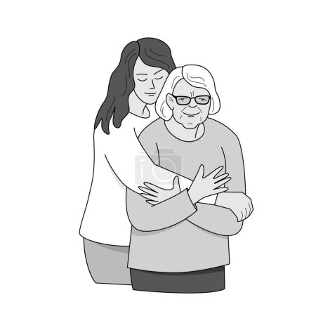 Illustration for A young woman hugs an elderly woman. Vector grayscale isolated illustration in outline style. - Royalty Free Image