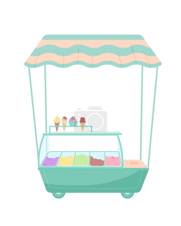 Téléchargez les illustrations : Mobile ice cream counter on the wheels. Vector color isolated illustration. - en licence libre de droit
