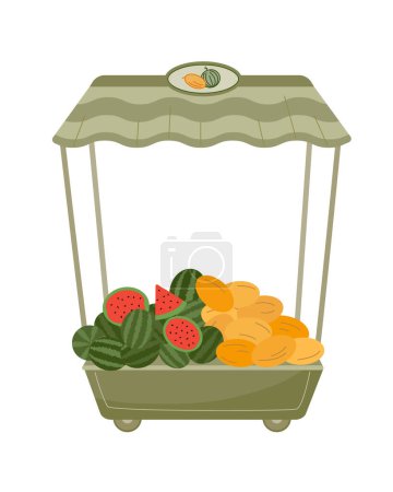 Ilustración de Mobile counter with melon and watermelon on the wheels. Vector color isolated illustration. - Imagen libre de derechos