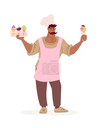 Illustration for Charming man with mustache sells an ice cream. Vector color isolated illustration. - Royalty Free Image