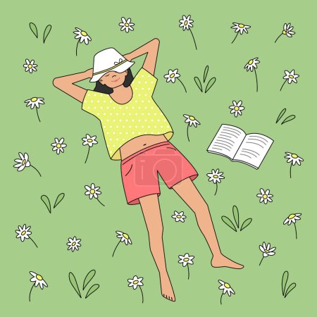 Téléchargez les illustrations : La fille dort dans une prairie avec des marguerites. Illustration vectorielle en couleur dans le style contour rempli. - en licence libre de droit
